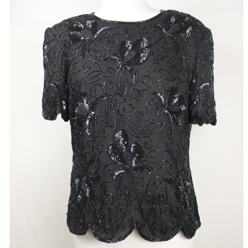 NWT Stenay Vintage Beaded Top Black Silk Evening Blouse Floral‎ Sequin M